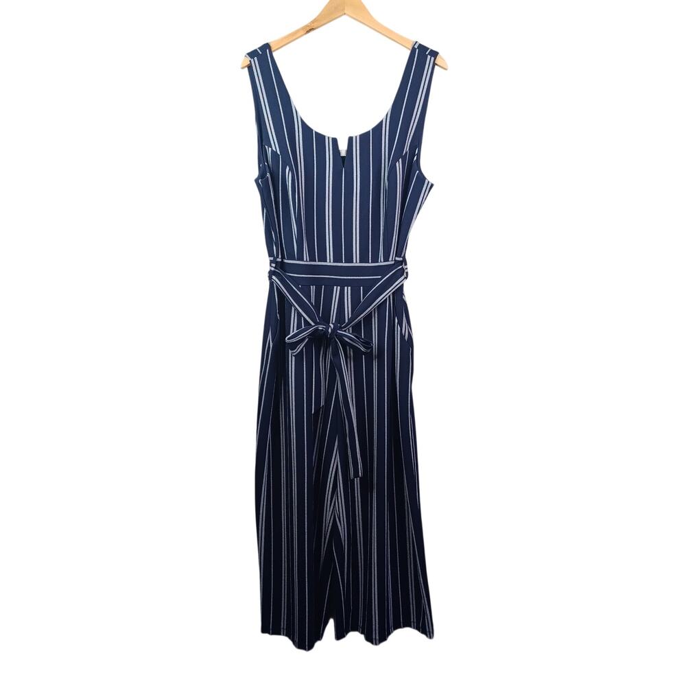 DEX Navy Blue Striped Wide Leg Jumpsuit Belted Pocket Cropped Size 1X Sleeveless